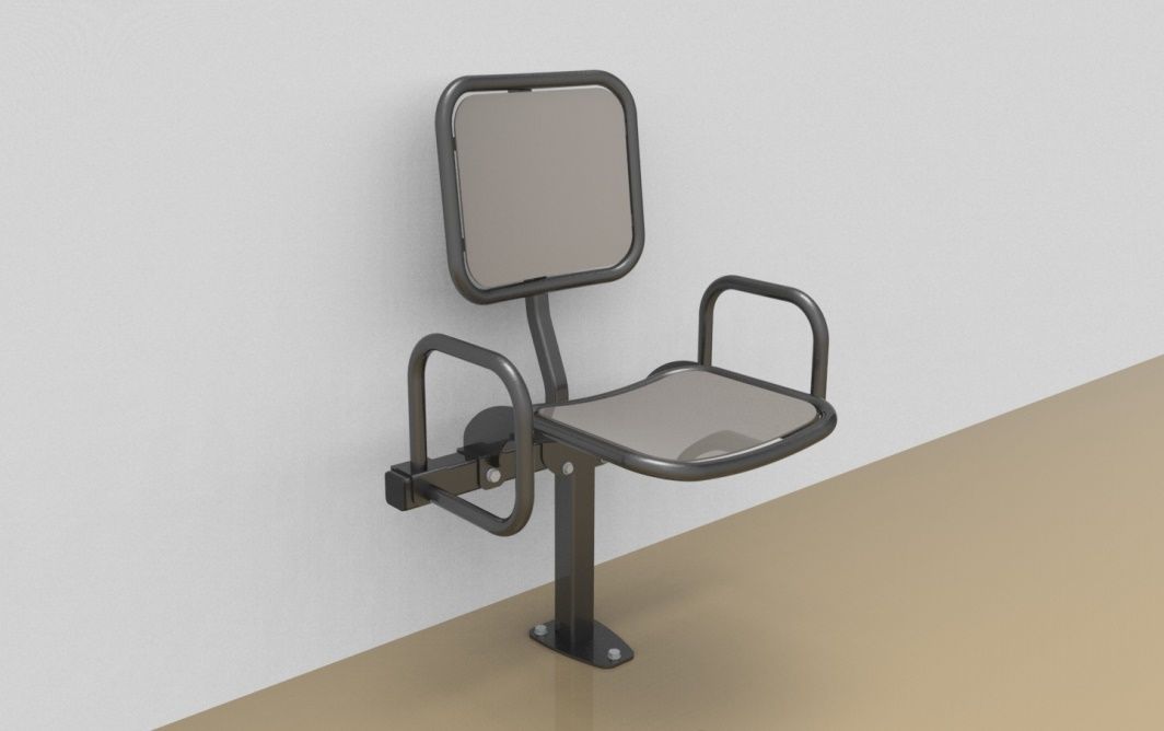 Single rigid sitting bench with smooth aluminium sitting surface, back rest and arm rests