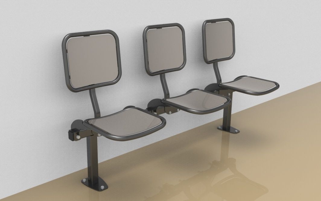 Dreier-Sitzbank mit glatter Alu-Sitzfläche und -Rückenlehne