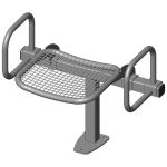 Single rigid sitting bench with wire mesh sitting surface and arm rests